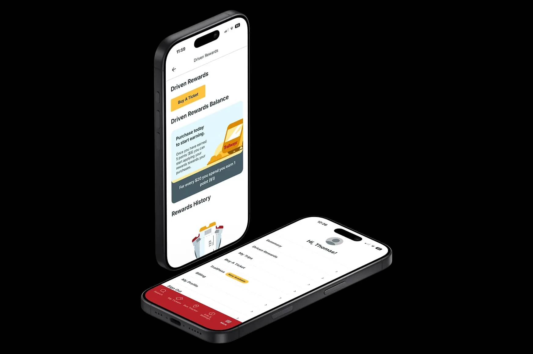 La aplicación de Trailways mostrando un saldo de Driven Rewards y un menú de cuenta