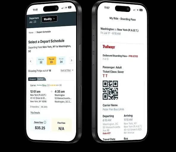 La aplicación de Trailways mostrando un horario de salida y un pase de abordar móvil