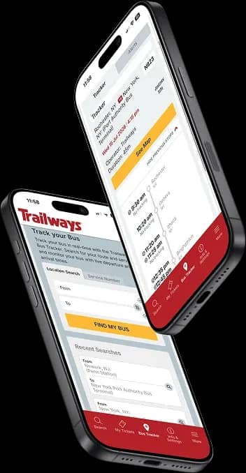 La aplicación de Trailways mostrando la búsqueda del rastreador de autobuses y un mapa de ruta en vivo con los horarios de las paradas