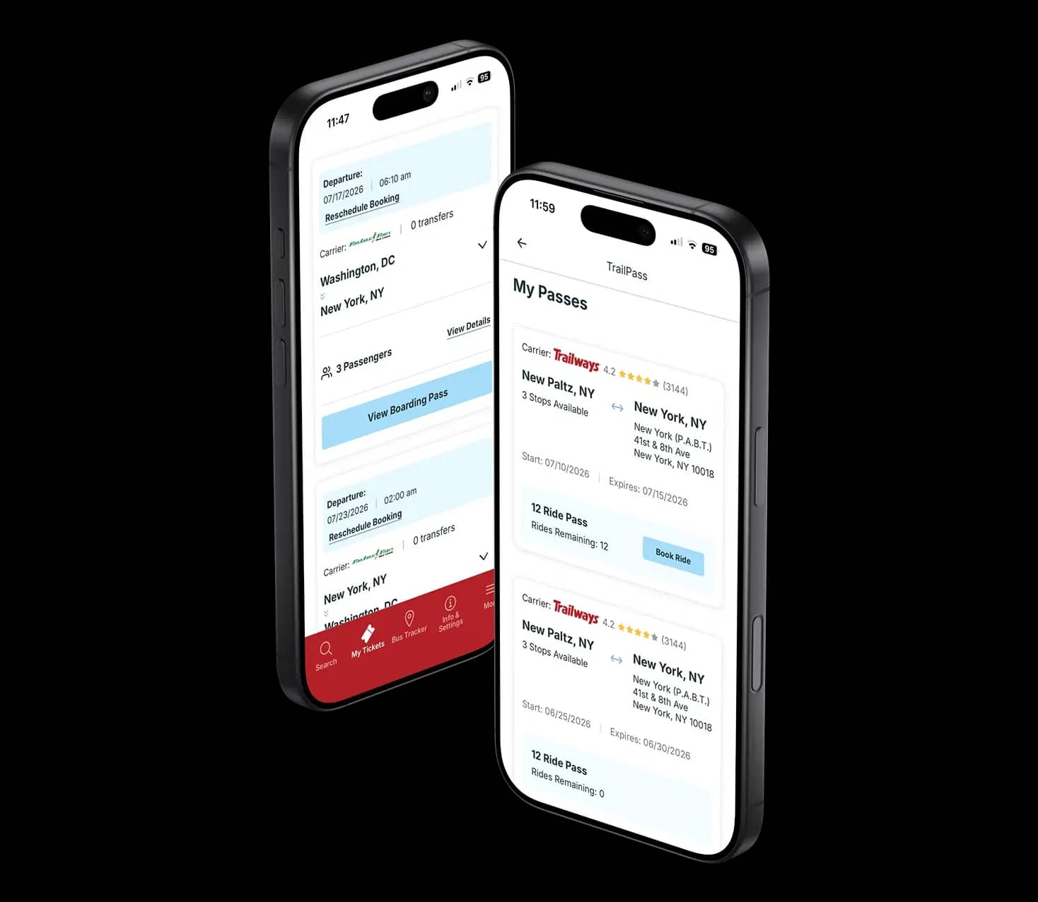 La aplicación de Trailways mostrando los próximos viajes y una lista de TrailPasses