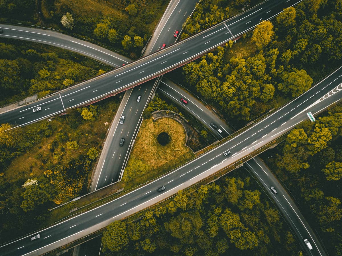 An overhead view of several roads intersecting
