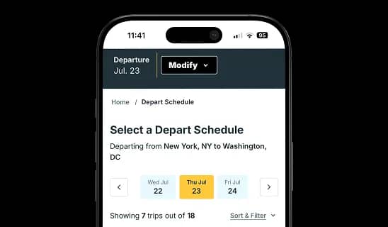 La lista de horarios de salida en la aplicación de Trailways