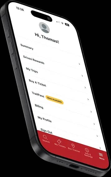 El menú de cuenta de la aplicación de Trailways