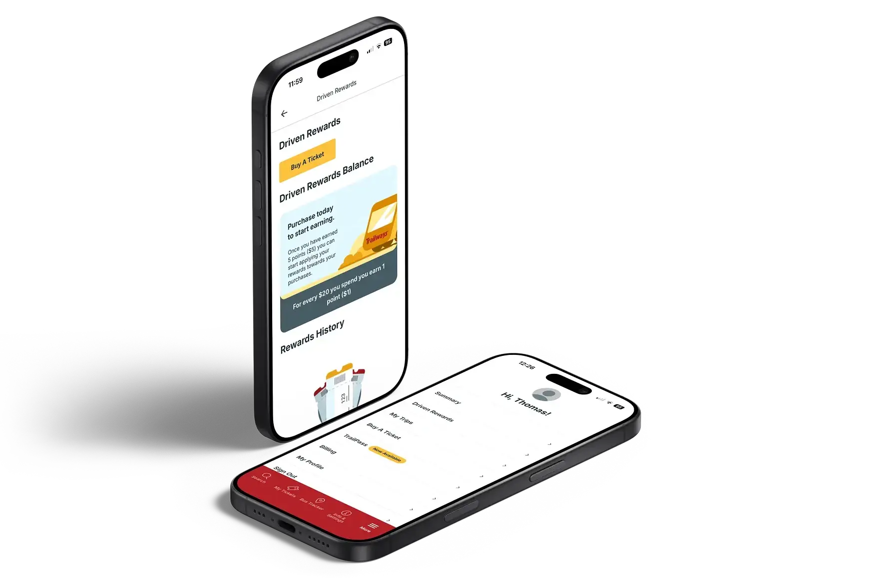 The Trailways app showing a Driven Rewards balance and an account menu