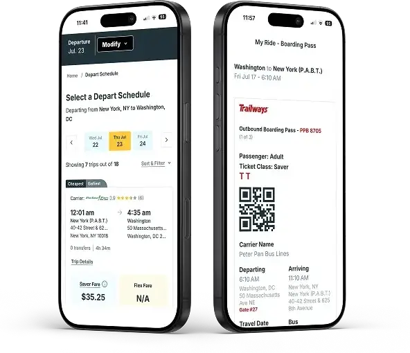 The Trailways app showing a departure schedule and a mobile boarding pass