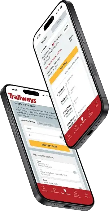 The Trailways app showing the bus tracker search and a live route map with stop times