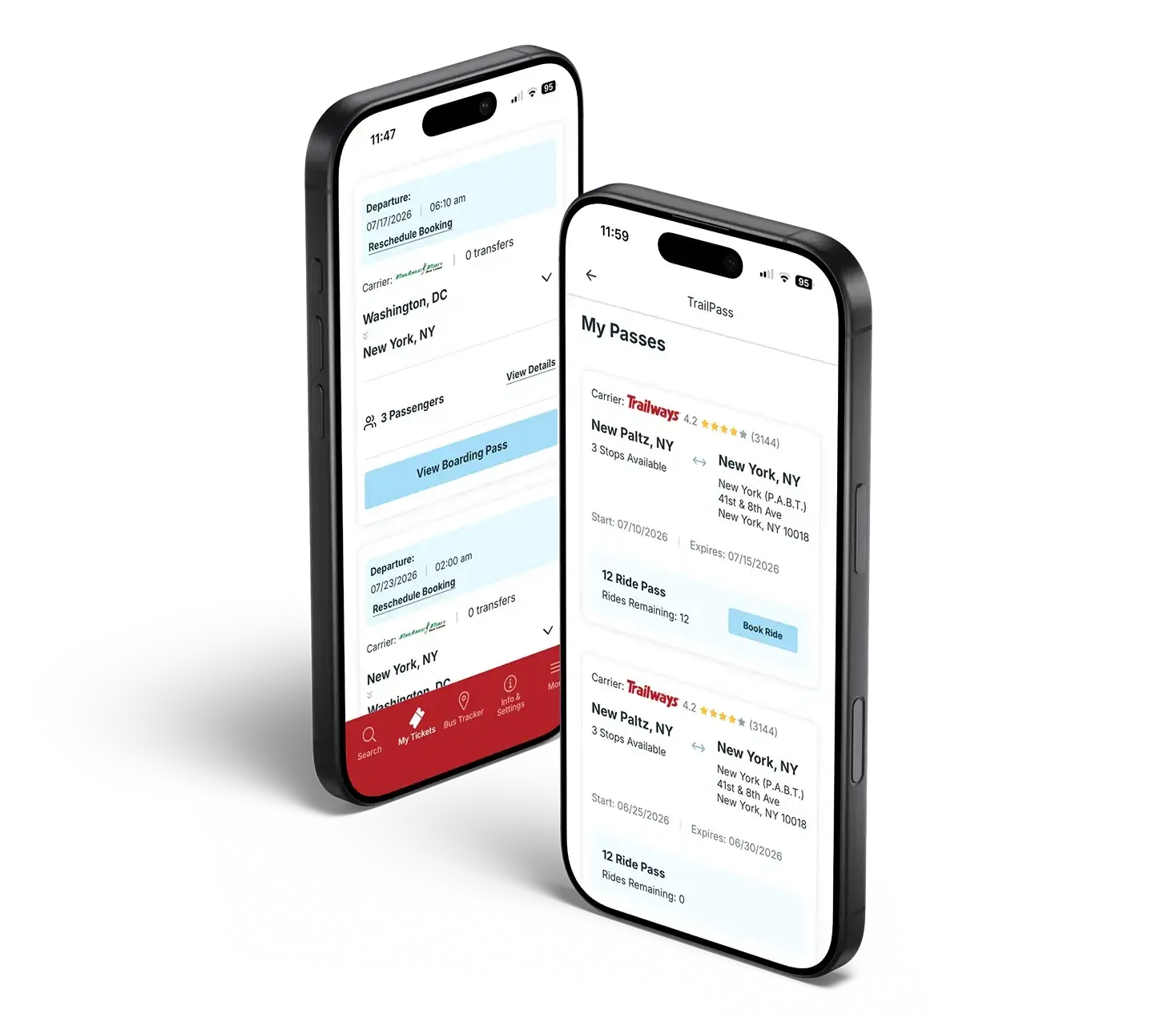 The Trailways app showing upcoming trips and a list of TrailPasses