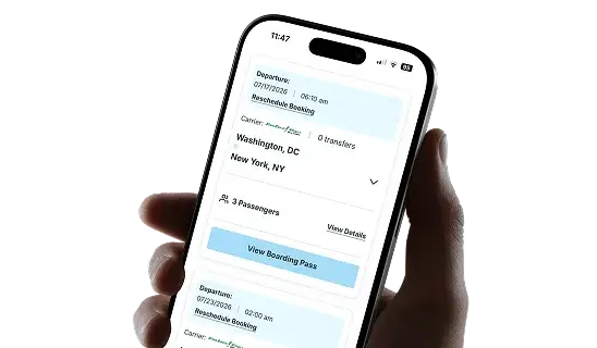 The Trailways app booking details with a boarding pass link