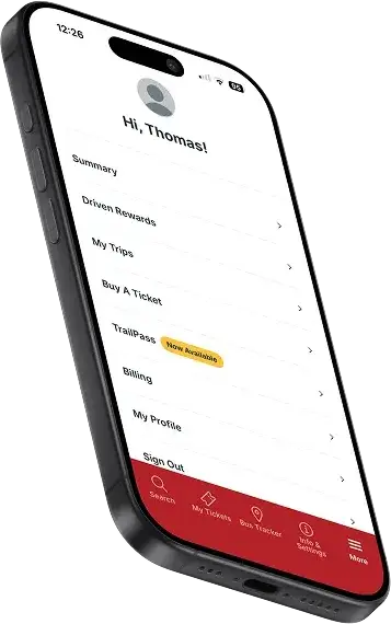 The Trailways app account menu