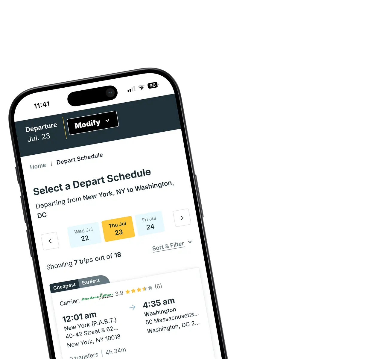Trailways app schedules screen